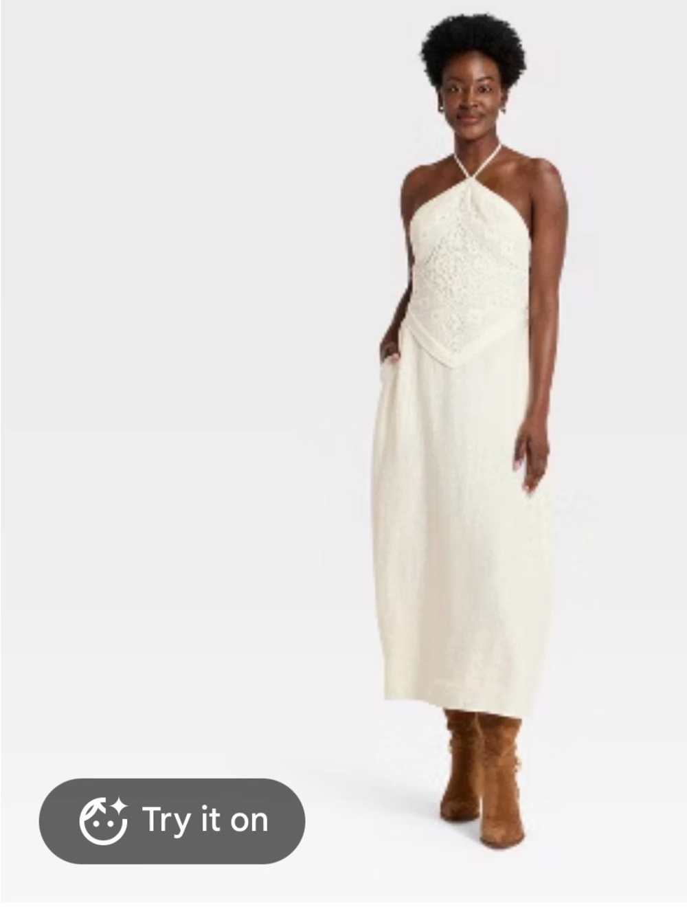 A NEW DAY brand Cream Halter Lace-Front sleeveless Midi dress w/pockets NWT